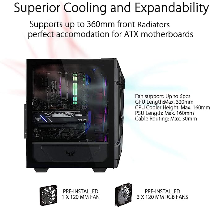 ASUS TUF Gaming GT301 Mid-Tower Compact Case for ATX Motherboards with honeycomb Front Panel, 120mm AURA Addressable RBG fans, headphone hanger, and 360mm radiator support, 2 x USB 3.2 ASUS TUF Gaming GT301 Mid-Tower Compact Case for ATX Motherboards with honeycomb Front Panel, 120mm AURA Addressable RBG fans, headphone hanger, and 360mm radiator support, 2 x USB 3.2